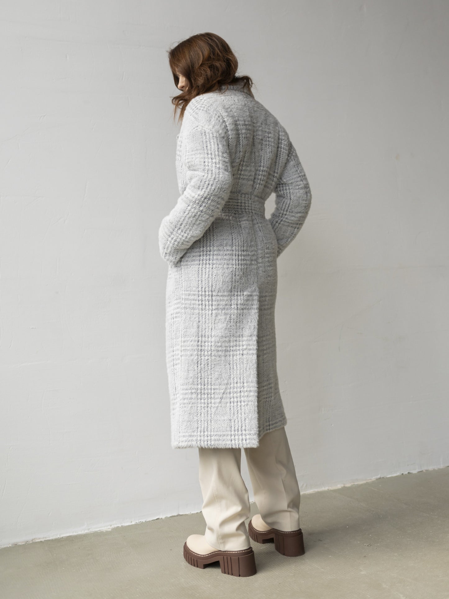 Wool Pile Long coat with belt, Grey Check