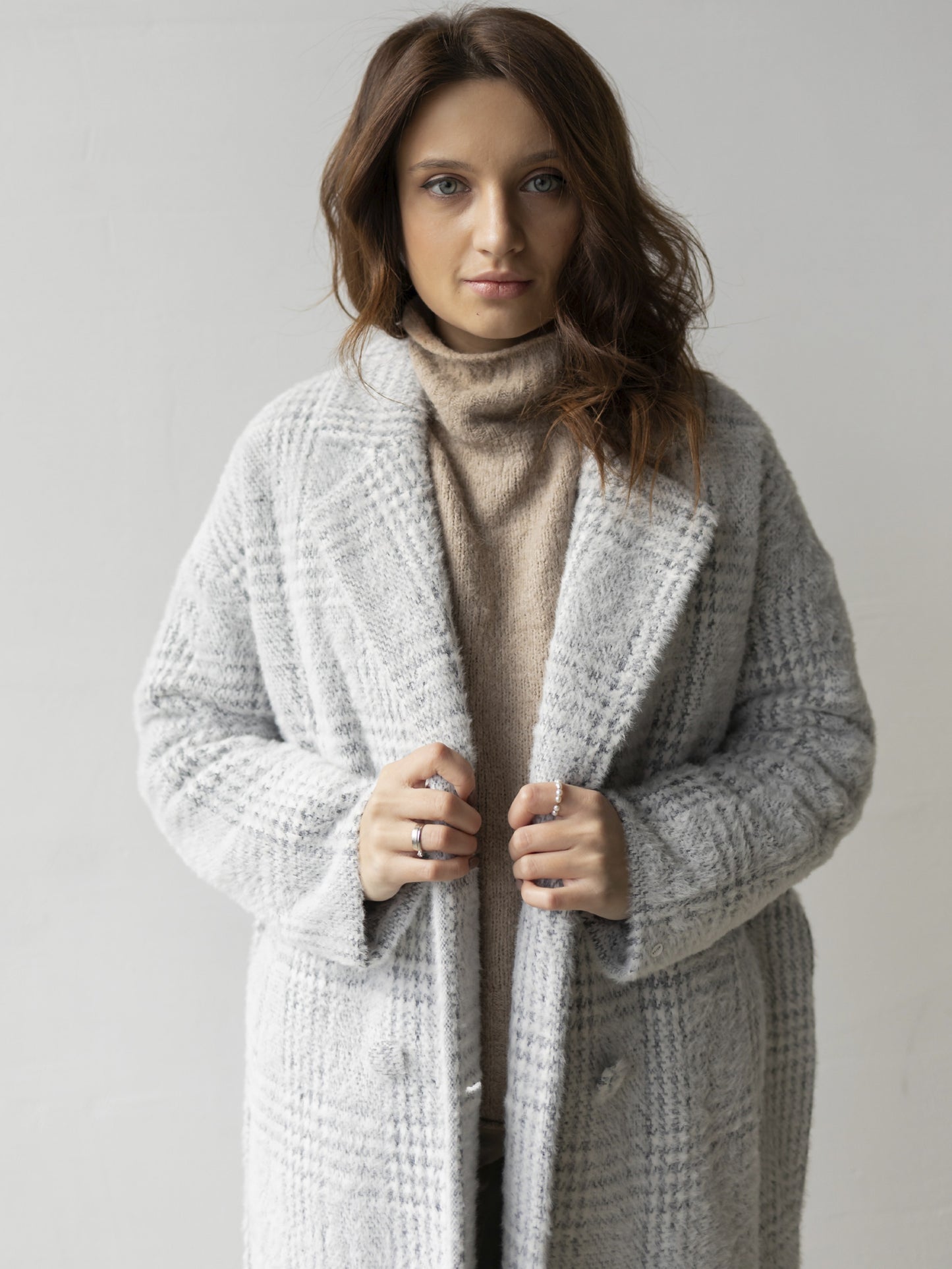 Wool Pile Long coat with belt, Grey Check