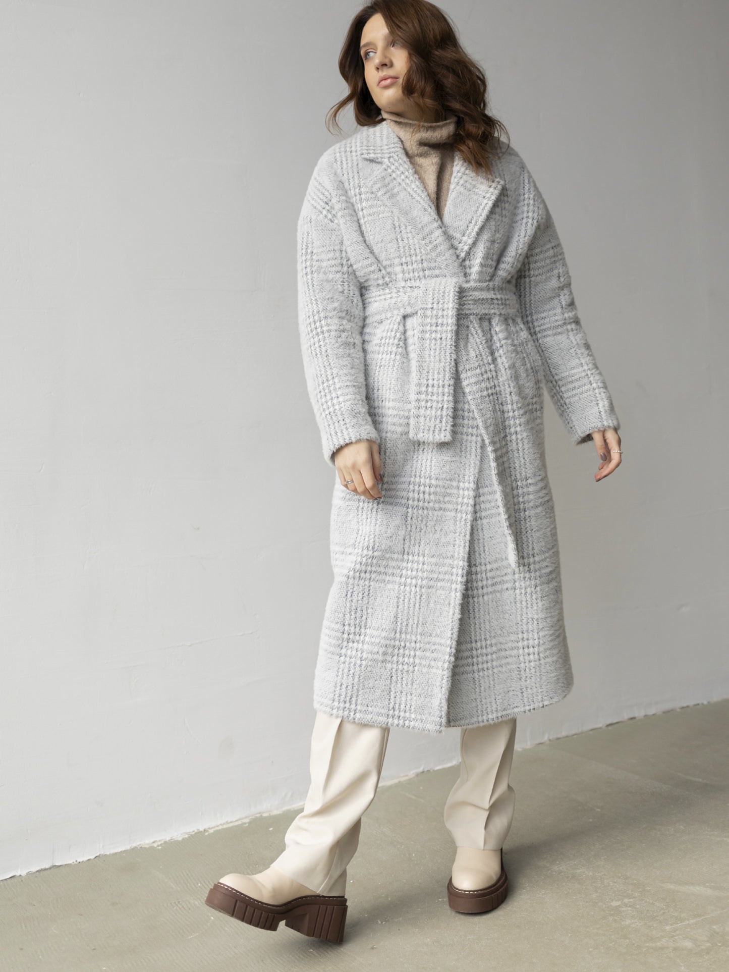 Wool Pile Long coat with belt, Grey Check