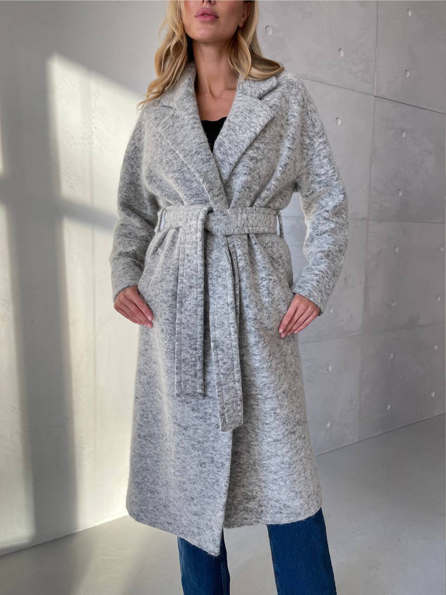 Wool Pile Long coat with belt, Grey