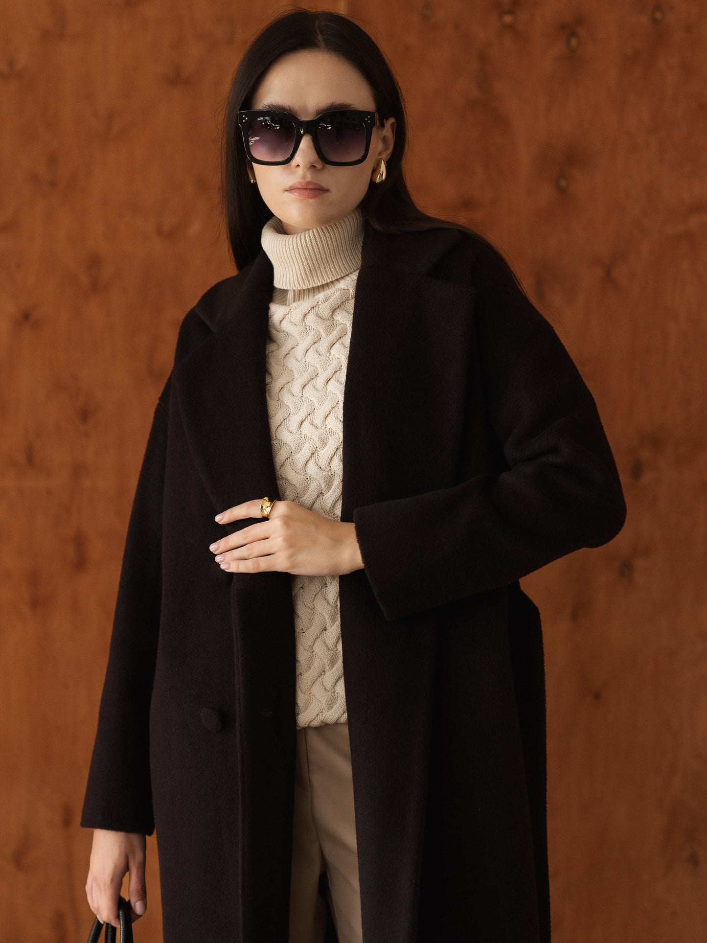 Wool Long coat with belt, Dark Chocolate