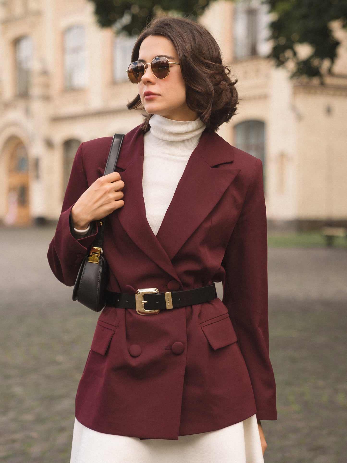 Suit jacket with belt, Burgundy