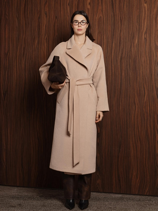 Double-breasted long coat with trim ribbon, Beige