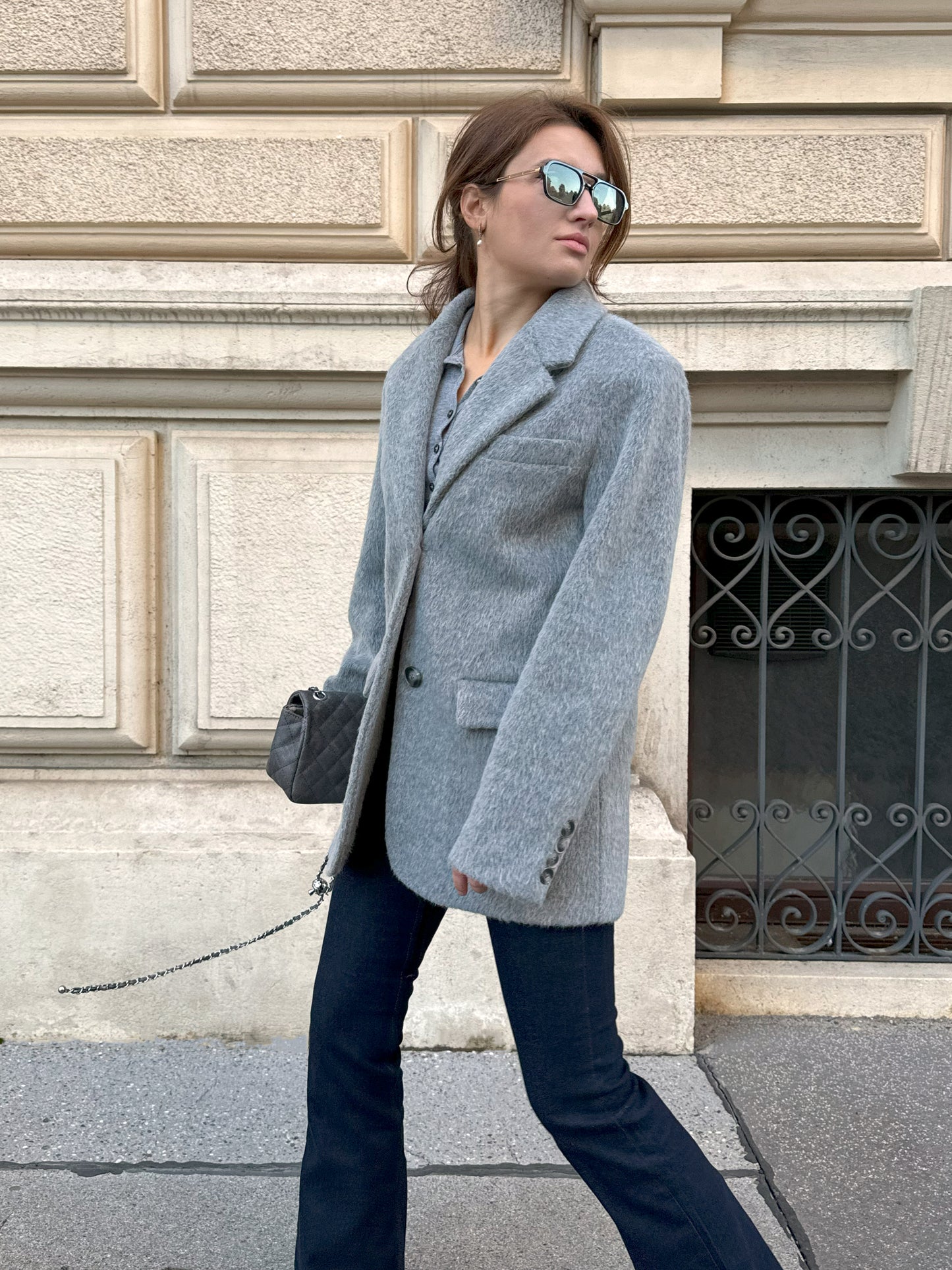 Single-breasted wool jacket, Grey Brushed