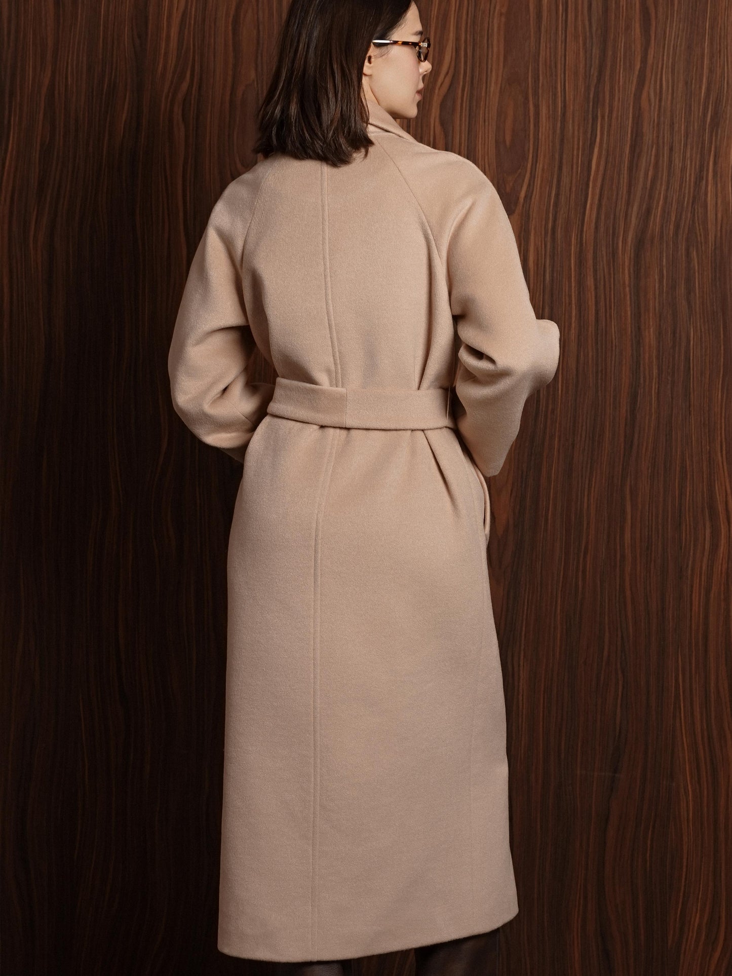 Double-breasted long coat with trim ribbon, Beige